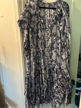 Blue and White Tiered Floral-Stripe Maxi Dress